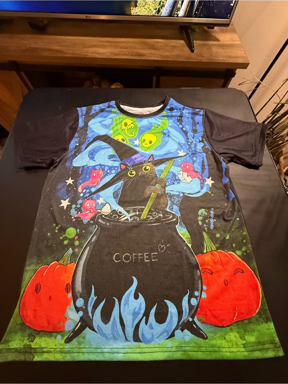 Lora Zombie Coffee Witch All Over Print Graphic Tee NWOT